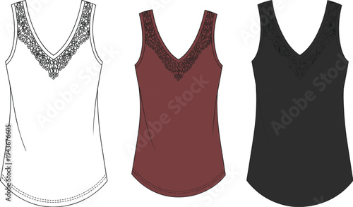 Women lace trim sleeveless top fashion technical drawing with color variations clothing design template vector illustration