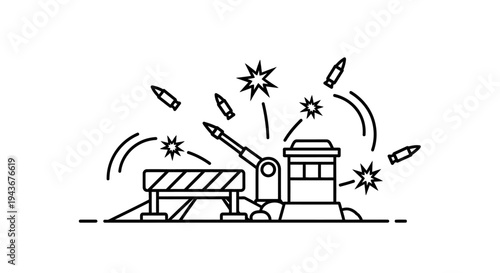 Military defense system with missiles and explosions, war concept, line art