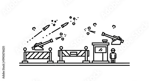 Military defense system with cannons and missiles, security checkpoint, war concept