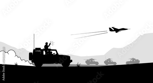 Military convoy with fighter jet in silhouette, desert landscape, action, conflict, war, freedom