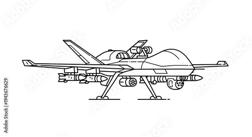 Military Drone Aircraft Blueprint Line Drawing
