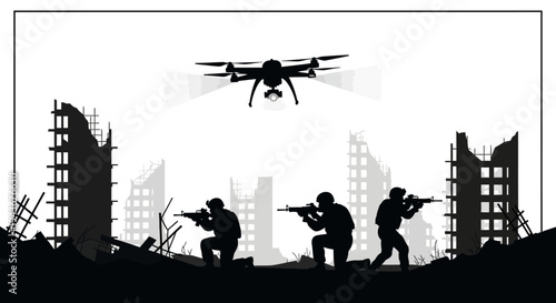 Military Drone Surveillance Over Ruined Cityscape With Soldiers