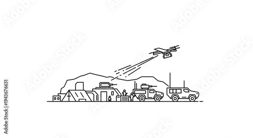Military drone surveillance over army base with armored vehicles and tents