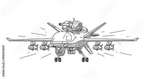 Military Drone with Missiles and Cannon, Aerial Combat Vehicle, Technology