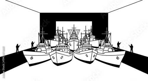 Military fleet in formation, strategic naval power, defense and security concept