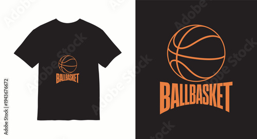 Ballbasket minimal sports logo t-shirt design with basketball icon on black background