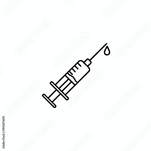A thin black line drawing of a syringe with a liquid drop