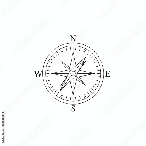Minimalist line drawing of a compass rose with N, S, E, W directions