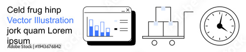 Business analytics, warehouse processes, inventory control, supply chain, delivery management, and time tracking. Graph display, boxes on a trolley and clock icon. Business analytics and warehouse