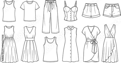 Women fashion clothing collection flat sketches with dresses, tops, pants and shorts for summer capsule wardrobe apparel design and mockups,
