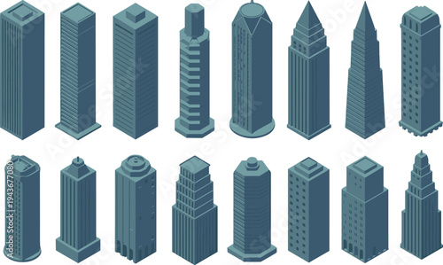 Isometric 3D skyscraper building set with modern architectural towers for urban city planning, real estate development and gaming background design,
