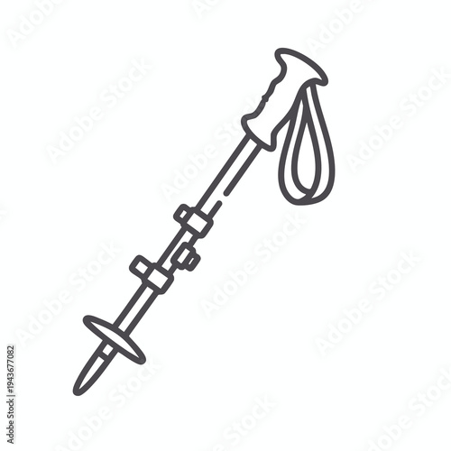 A line drawing of a hiking pole with a handle, adjustable segments, and a tip