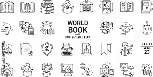 World Book and Copyright Day Icon Set with Literature and Education Elements