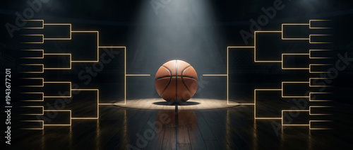 Basketball championship tournament bracket on a dark court floor, cinematic spotlight concept with a professional game ball.