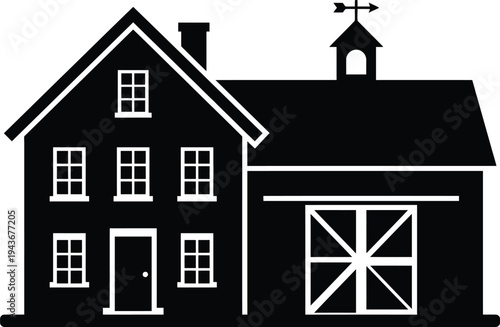 Classic black and white silhouette of a house with a barn and steeple isolated on white background, Vector