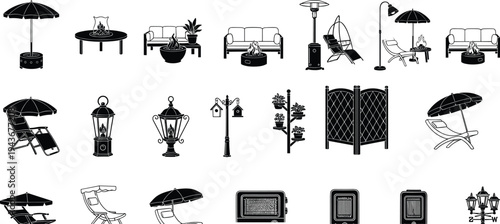 Outdoor Patio Furniture and Backyard Decor Vector Icon Set Featuring Garden Umbrellas, Lounge Chairs, Fire Pits, Lanterns, Sofas, Privacy Screens, and Decorative Lighting Silhouettes
