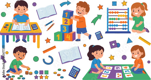 Kids Learning Math Activities Vector Illustration Set with Children Counting Numbers, Using Abacus, Studying Worksheets, Educational Games and Early School Math Practice