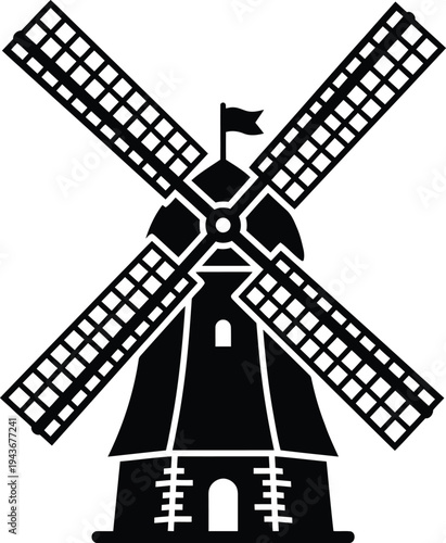 Traditional windmill with four sails against a plain background isolated on white background, Vector