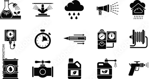 Set of agricultural irrigation and crop protection icons featuring sprinkler systems fertilizer chemicals pressure gauges water valves and sprayers for modern farming industrial technology