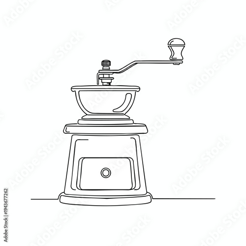 A single-line drawing of a vintage coffee grinder with a crank handle