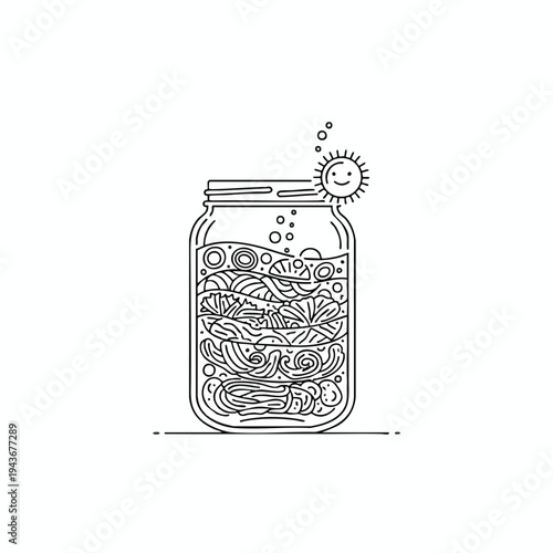 Jar with swirling food and a happy sun in a minimalist line art style