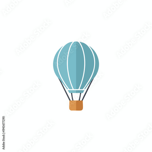 A minimalist icon of a teal hot air balloon with a brown basket on a white background