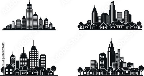 A collection of four distinct black and white city skyline silhouettes featuring tall skyscrapers and suburban houses in a minimalist vector illustration style.