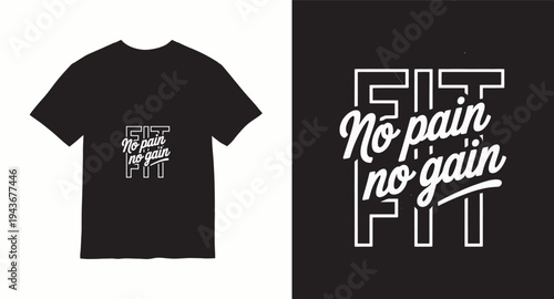 No pain no gain gym t-shirt design with bold overlapping typography for fitness enthusiasts and bodybuilding lifestyle