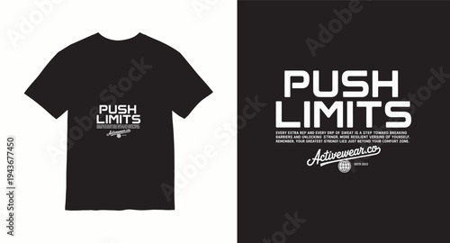 Push limits activewear t-shirt design featuring bold block lettering and motivational text for sports performance clothing