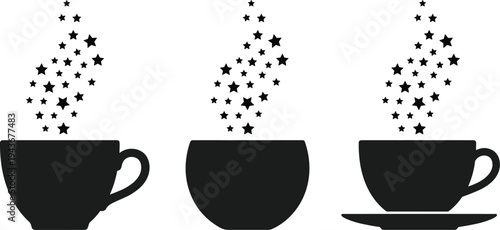 Black silhouette set of coffee cups with magic star steam for cafe logo design, morning ritual, dream and enchantment concept,