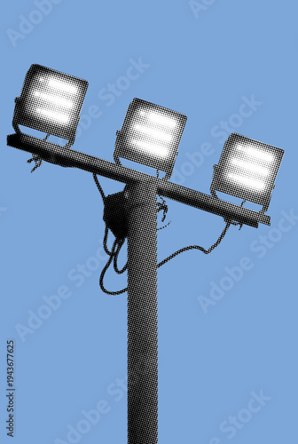 close up of LED streetlight pixelate grayscale color halftone dotted texture style collage element isolated on blue background