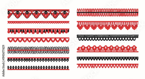 Collection of beautiful decorative lace borders, embroidery patterns, black and red