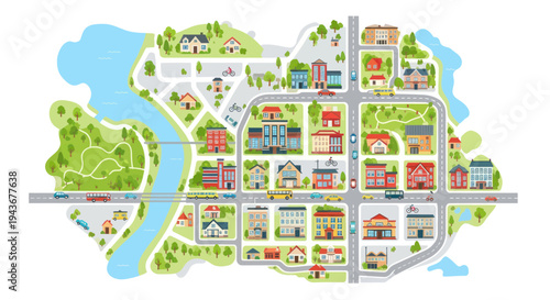 Cartoon City Map with Buildings, Roads, River, and Green Spaces - Vector Illustration
