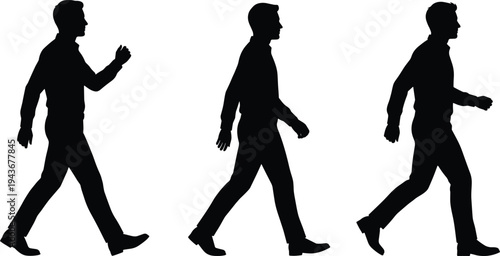 Black silhouette set of a businessman walking in different poses for professional motion cycles, commuting and business success concept,