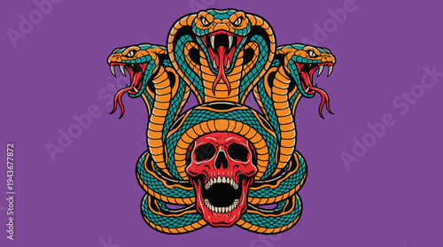 Red Skull and Three Cobras Snake Vintage Tattoo Vector Illustration