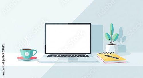 Modern home office workspace with laptop coffee plant and notebook on white desk minimalistic style