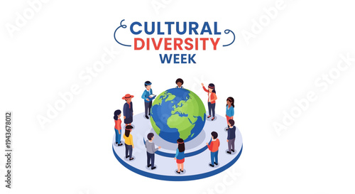 Illustration of diverse people standing around a globe celebrating Cultural Diversity Week with a vibrant and inclusive design.