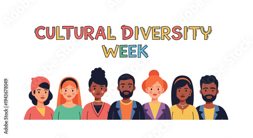 Illustration of diverse people celebrating Cultural Diversity Week with colorful vector graphics and a multicultural community concept on a white background.
