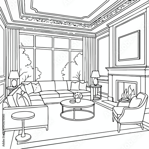 Elegant living room interior design featuring a comfortable sectional sofa and cozy fireplace