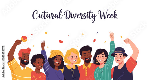 Illustration of diverse people celebrating Cultural Diversity Week with raised hands and confetti, conveying unity and inclusion in a vibrant, multicultural community concept.