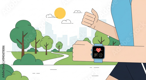Person wearing smartwatch jogging outdoors in city park with heart rate monitor on screen
