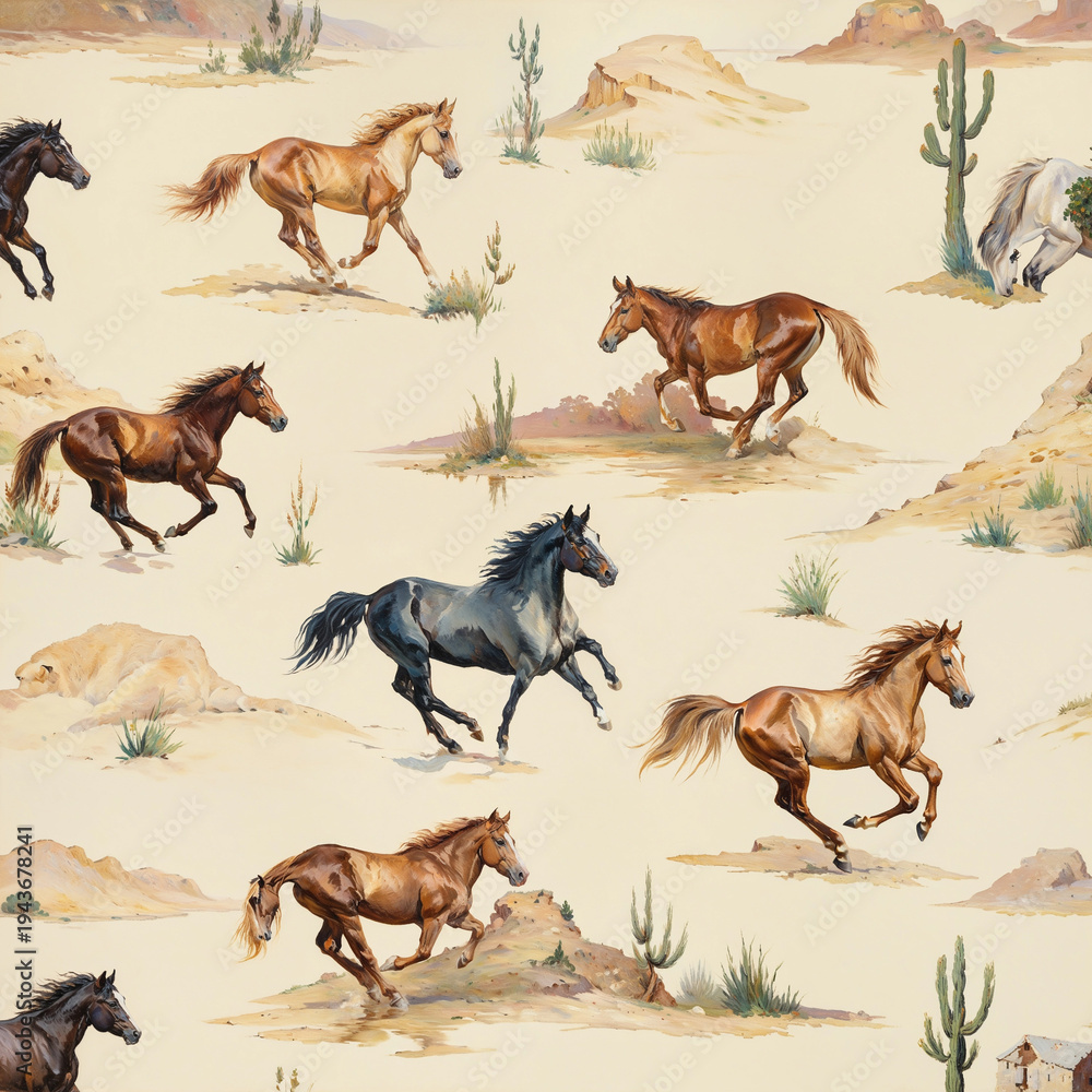 Obraz premium Oil Painting Wild Horses in Desert Landscape Pattern