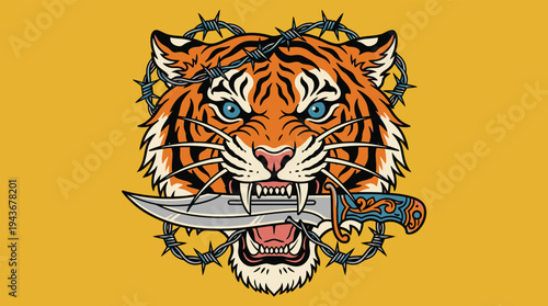 Angry Tiger Head Biting Dagger with Barbed Wire Vector Tattoo Design