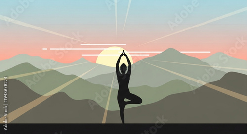Person practicing yoga in serene mountain landscape at sunrise with vibrant sky and sun rays