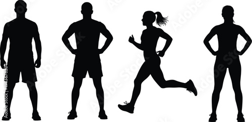 Athletic people silhouettes, standing running posture icons, male female fitness artwork, sports training illustration, exercise graphic design, physical activity symbol