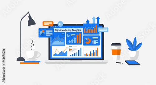 Digital marketing analysis on laptop with graphs charts and office supplies on a desk