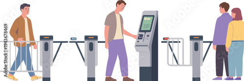 People using subway metro ticket machine and turnstile entrance public transport station access vector illustration set