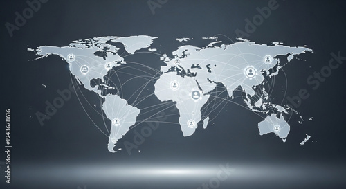 Global connections map with lines linking world continents on dark background
