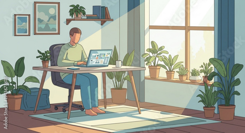 Man working on laptop at home office desk surrounded by plants near window with natural light