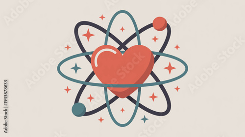 Heart symbol surrounded by atomic orbitals with stars on beige background representing love and science